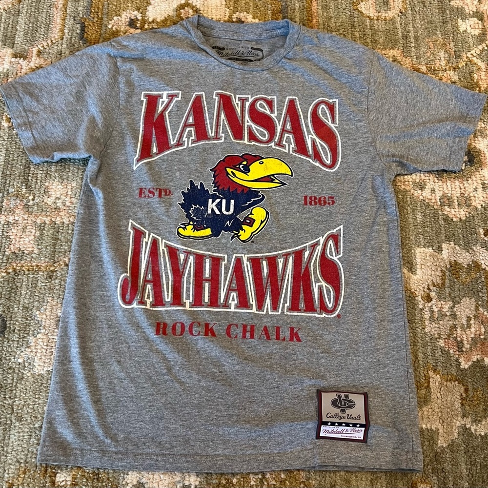 Kansas Jayhawks Mitchell‎ & Ness College Vault Shirt Mens Size Medium Color Grey